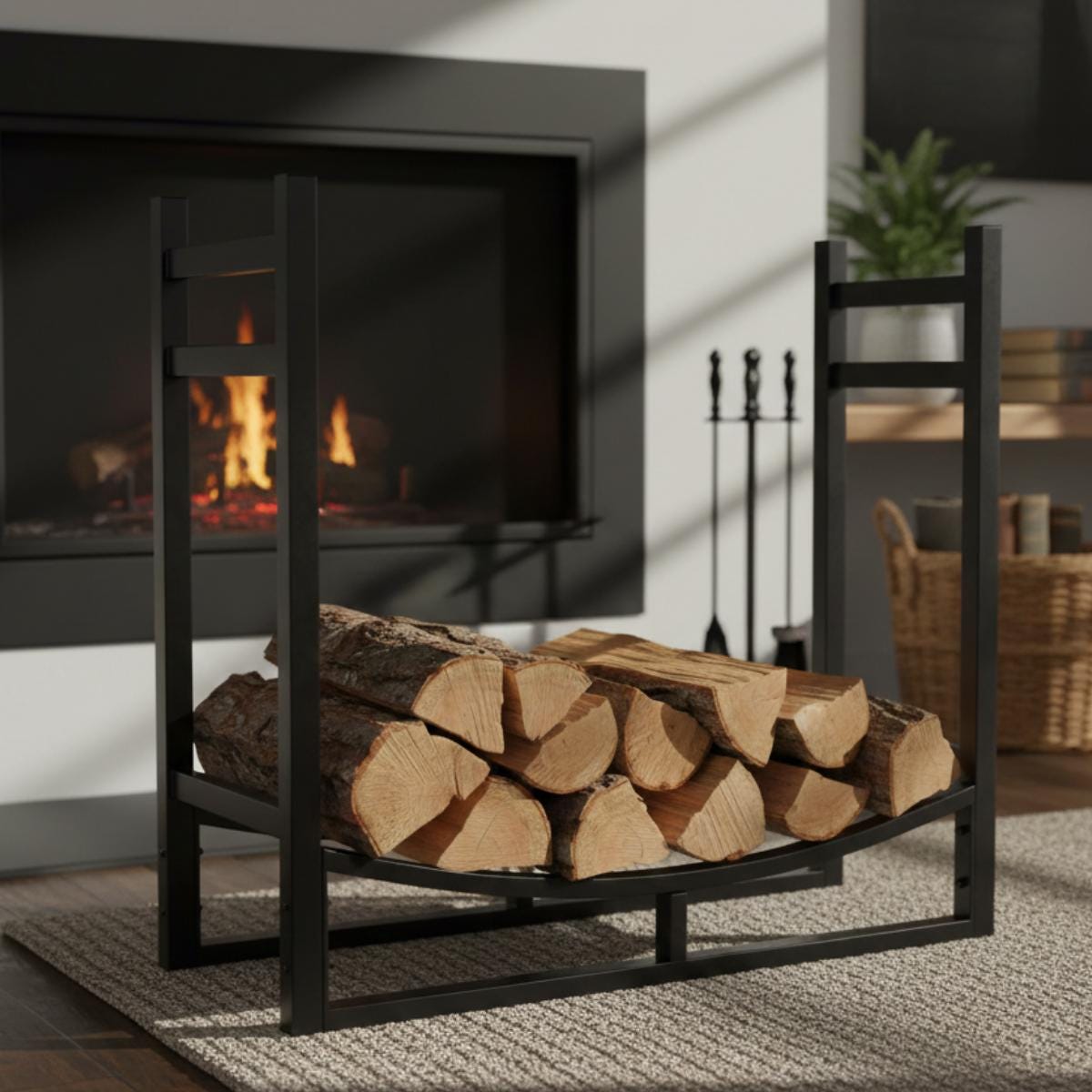 Indoor log storage rack for fireplace, practical firewood organizer in modern black steel