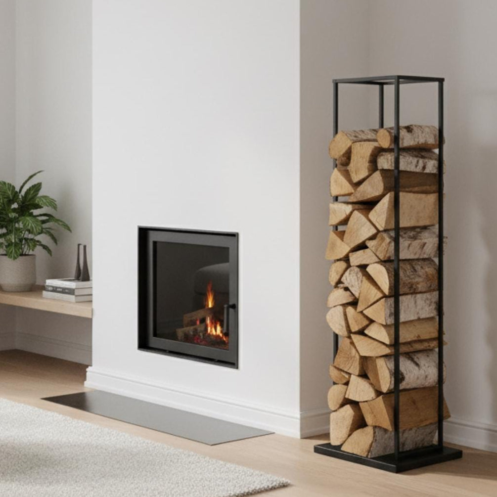 Tall vertical firewood rack black metal indoor log holder, modern space saving firewood storage for living room, freestanding steel log rack for fireplace wood organization