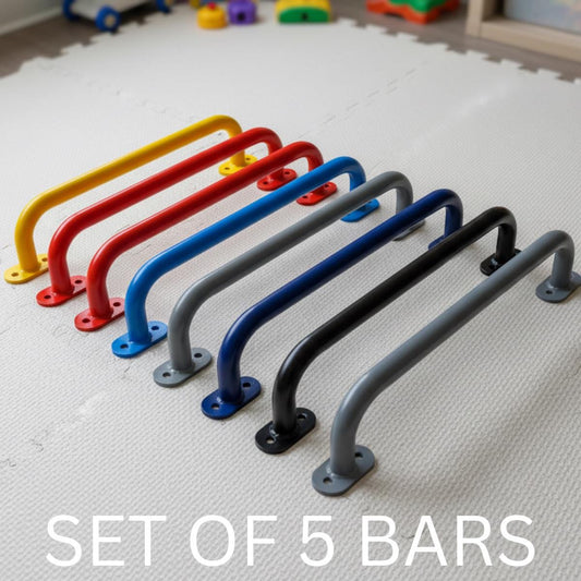Set of five colorful metal bars on a light gray floor with playground equipment in the background.