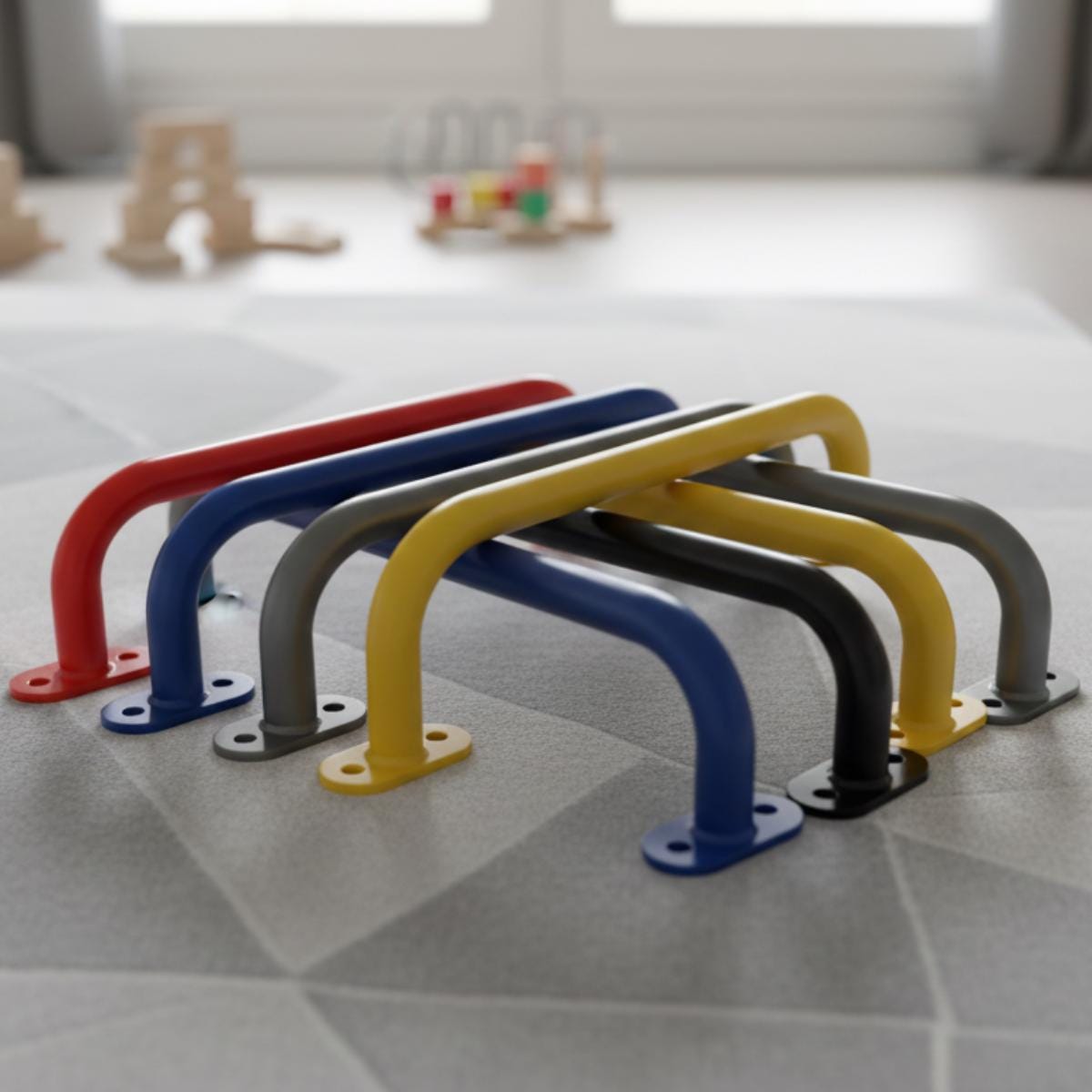 Set of colorful metal hurdles on a tiled floor