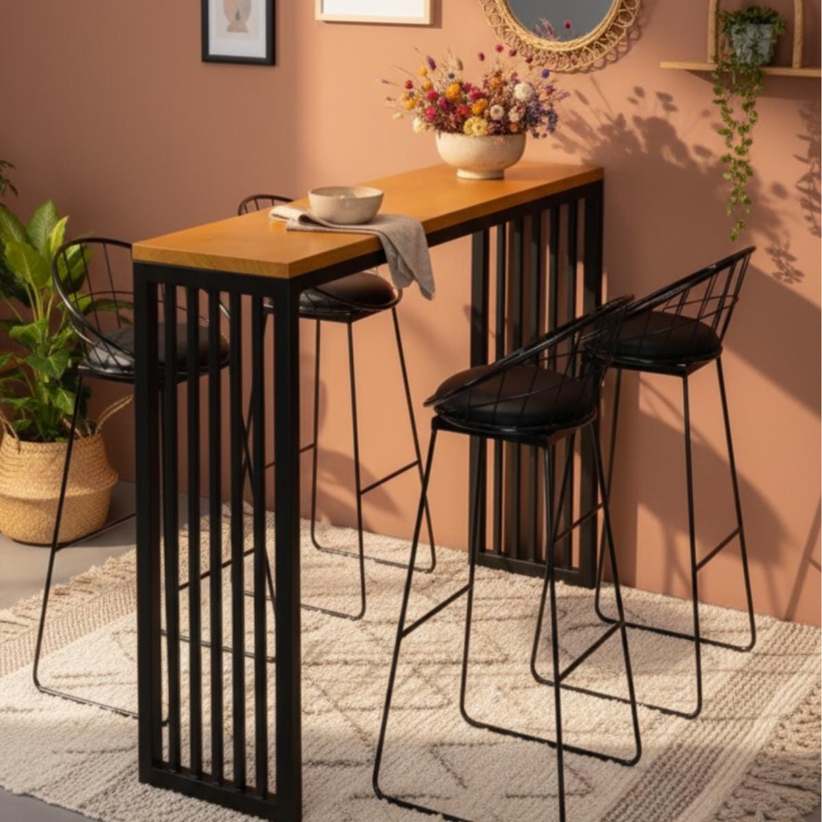 Kitchen island table designed in high top bar style with metal and wood