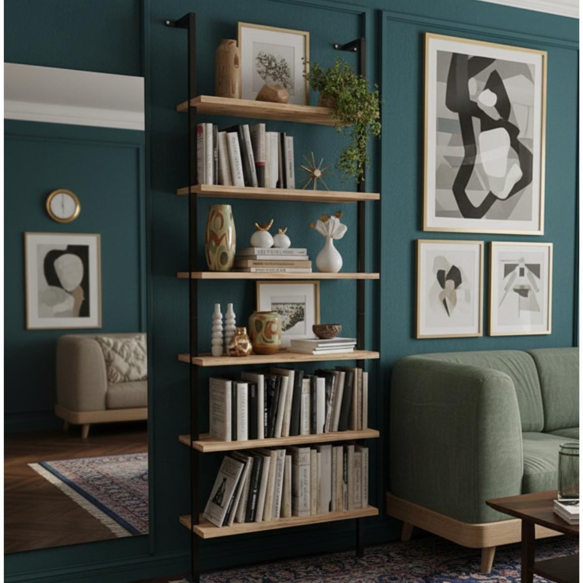 Ladder bookshelf wood metal wall mounted storage organizer