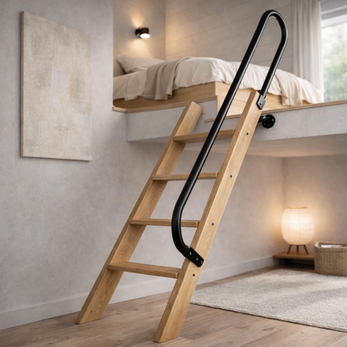 Ladder safety rail black metal loft handrail for climbing support