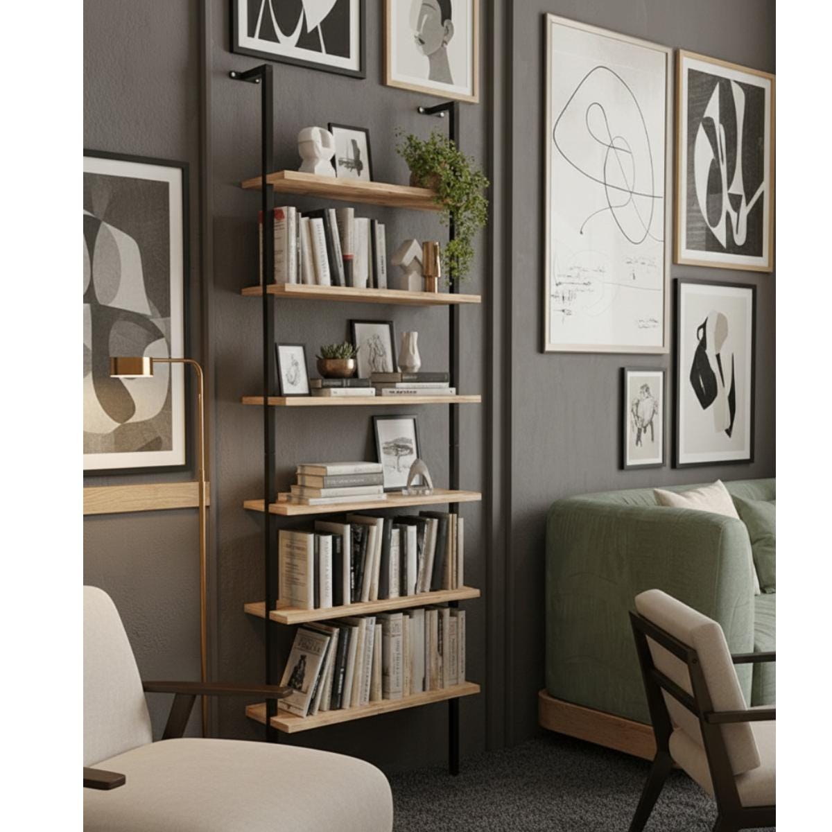 Ladder shelf wall mounted wood metal bookshelf modern home decor