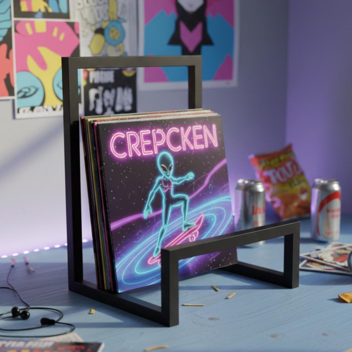 LP album holder display stand with modern metal frame for vinyl storage