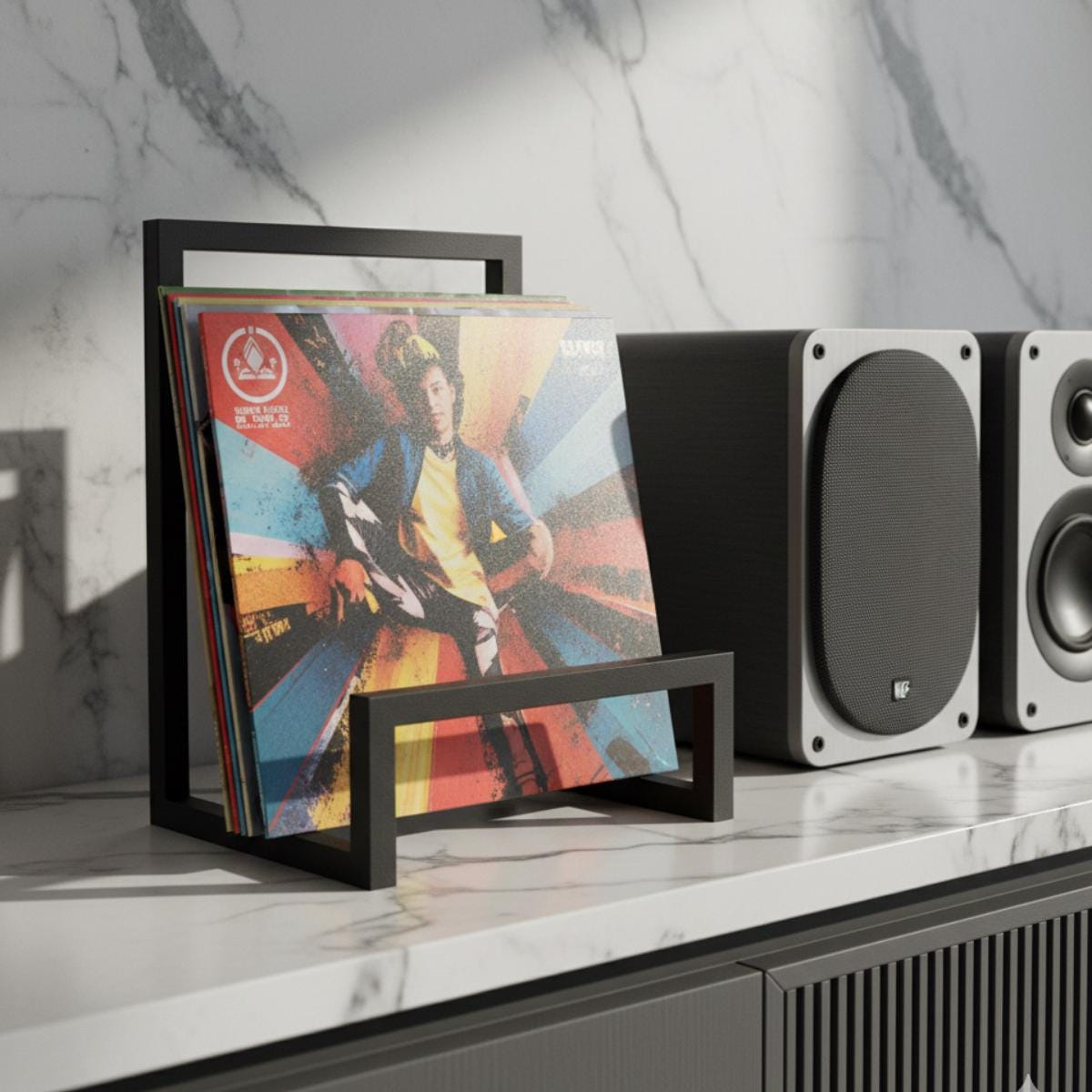 LP record display holder metal vinyl organizer stand for easy access and viewing