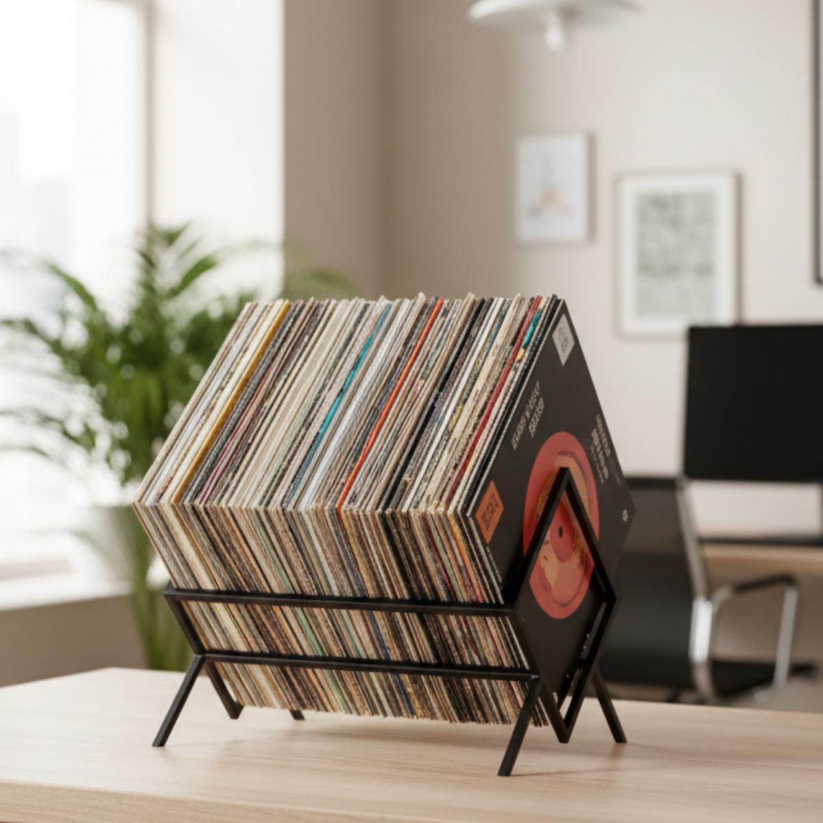LP record holder modern metal vinyl storage stand displaying album collection