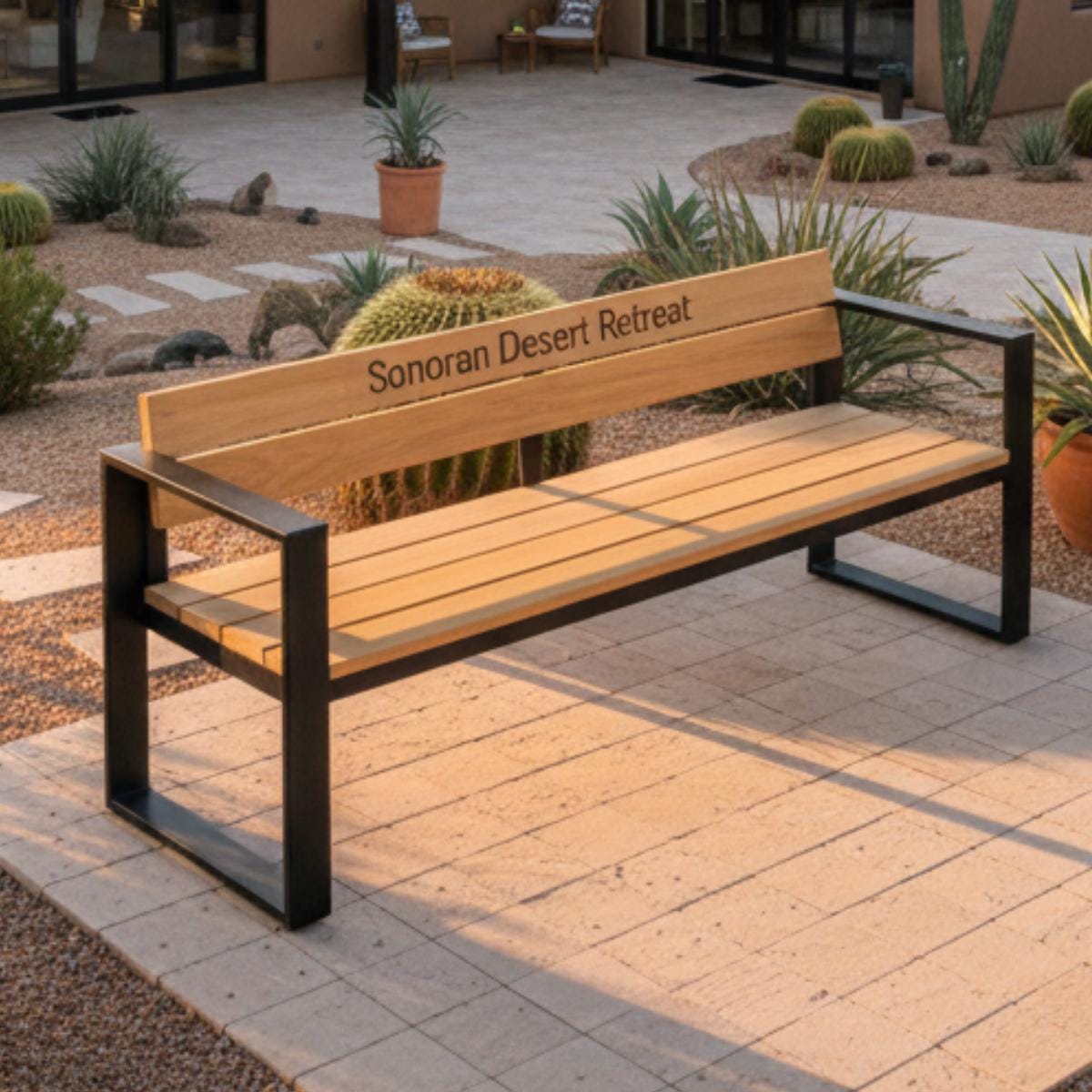 Memorial bench engraved outdoor garden seating with wood slats and metal frame