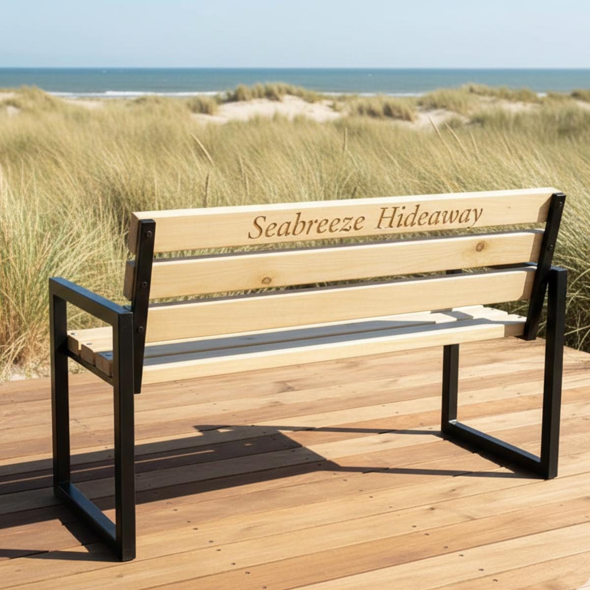 Memorial garden bench engraved wood metal design placed in outdoor setting