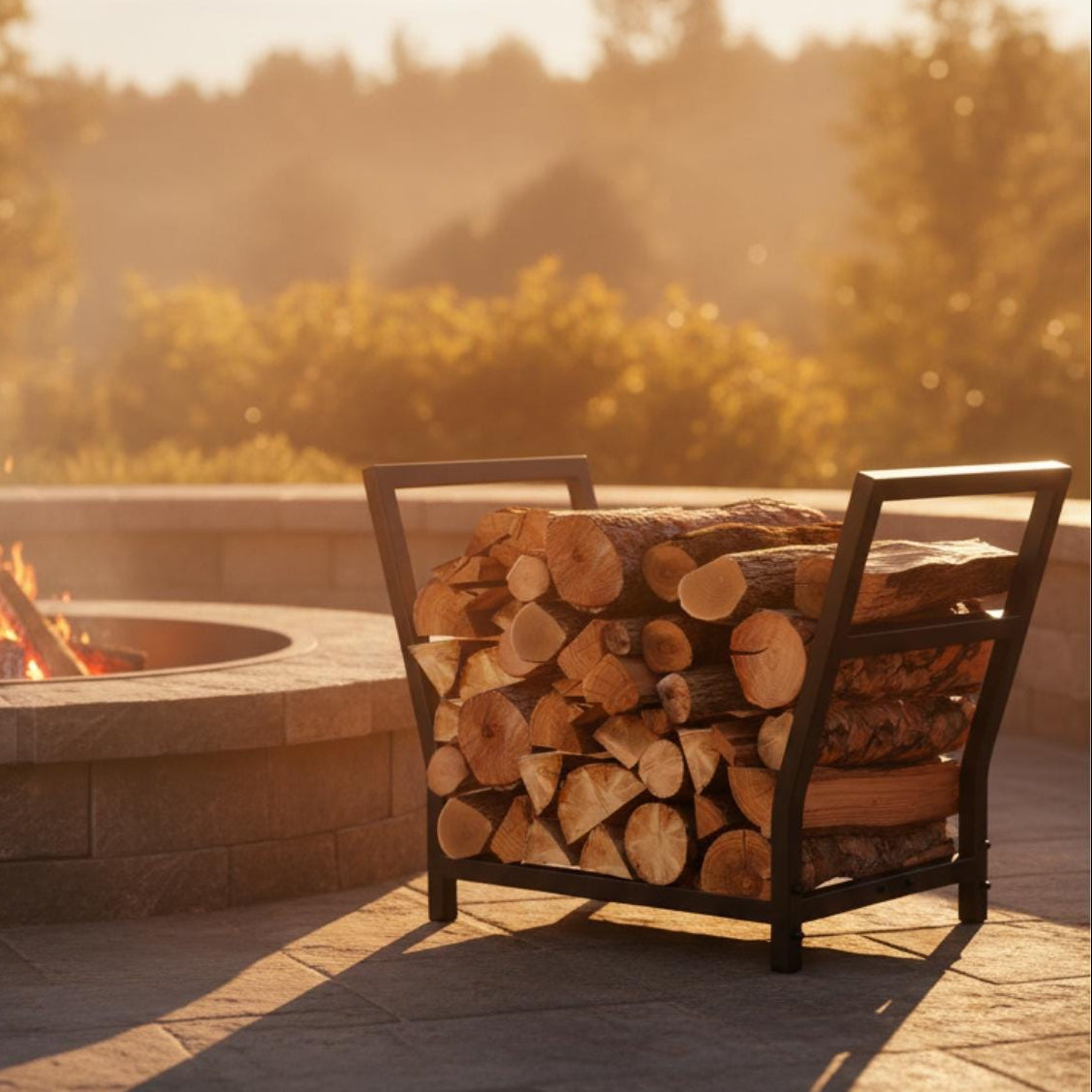 Metal firewood holder rack placed in living room setup with natural light