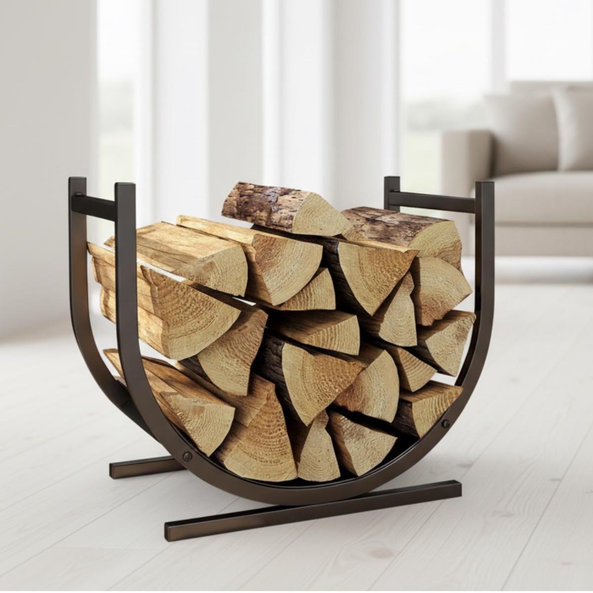 Curved Log Holder – Matte Black Steel Fireplace Rack