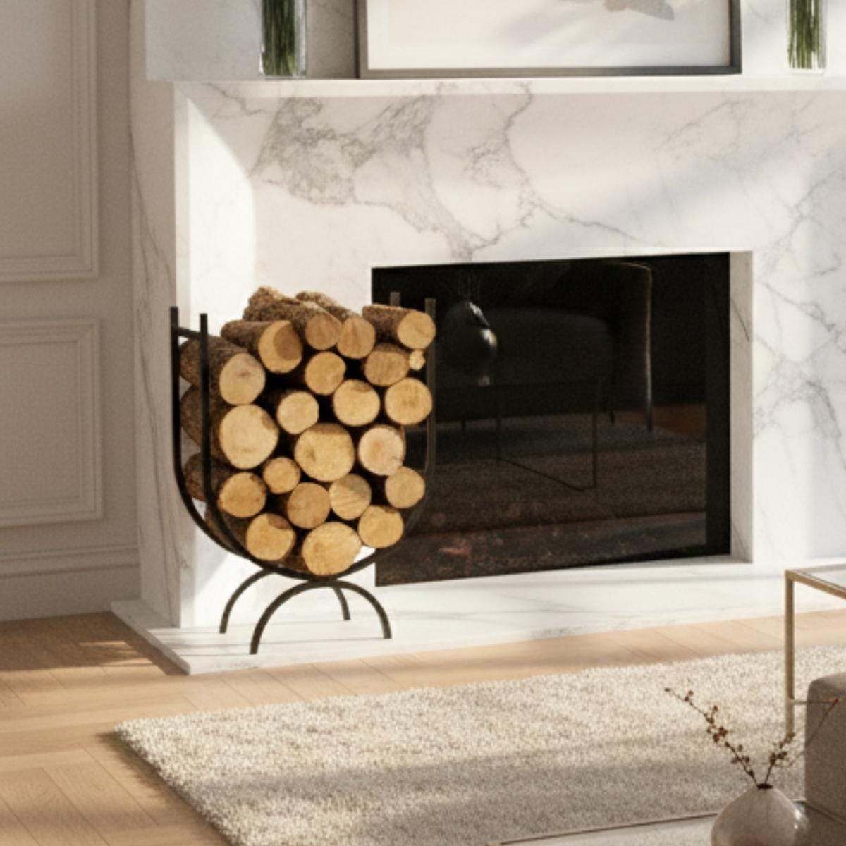 Metal firewood holder designed as vertical log storage unit
