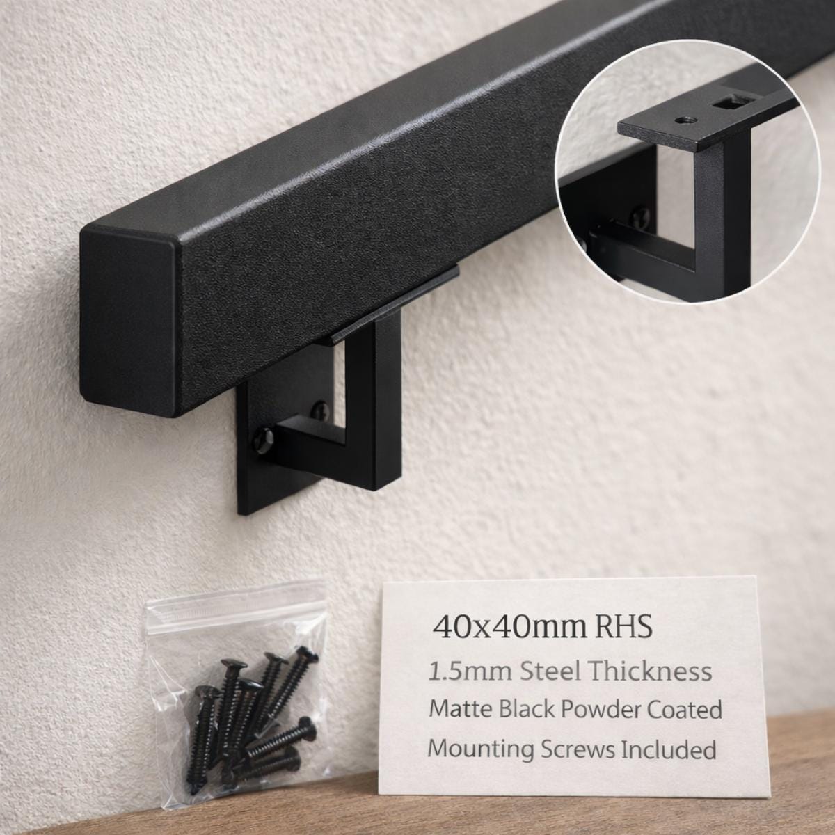Metal stair handrail black wall mounted support rail