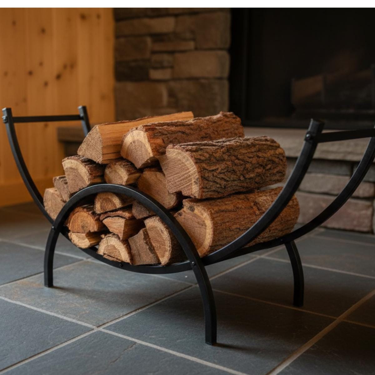 Minimalist curved firewood rack metal log storage for modern interiors