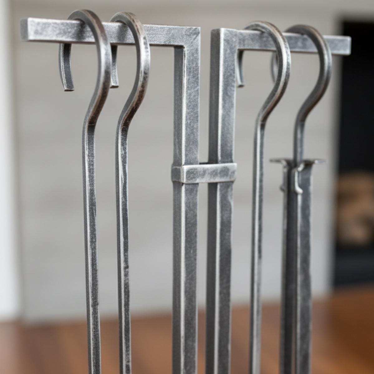 Minimalist fireplace tool set metal steel hearth stand in modern home