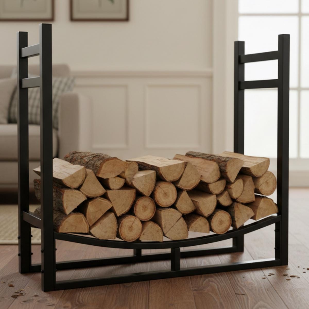 Minimalist firewood holder in black metal, indoor rack designed for fireplace storage