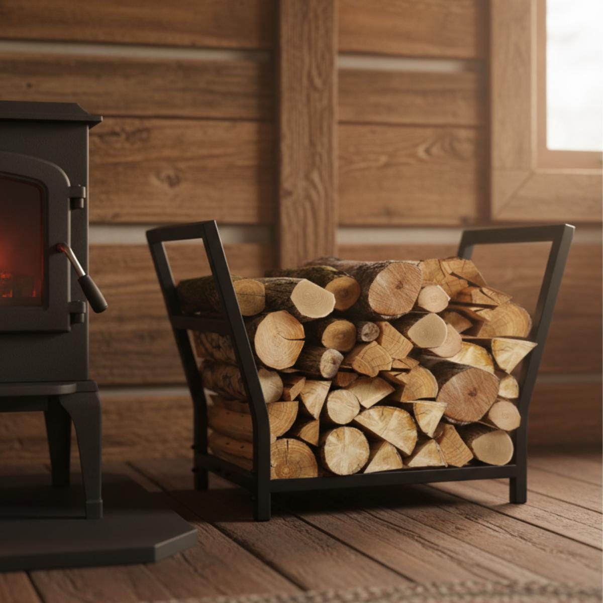 Minimalist firewood holder placed in indoor living room for clean storage