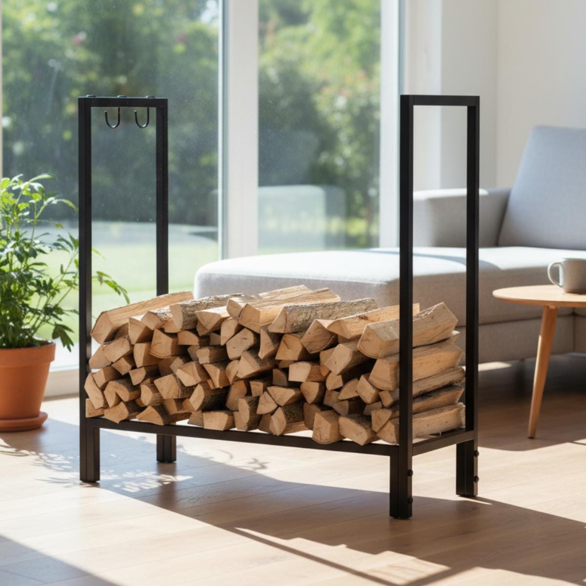 Minimalist firewood holder used for indoor wood storage in modern home interior