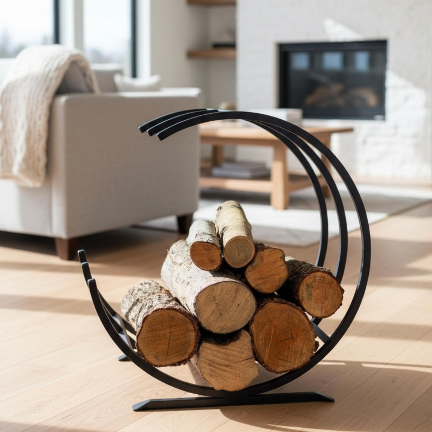 Modern curved firewood rack black metal indoor log holder, minimalist round firewood storage for fireplace, freestanding steel log rack for living room décor, durable powder coated firewood organizer for indoor wood storage