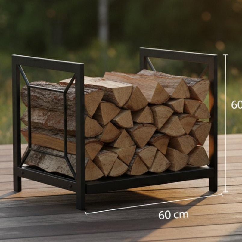 Outdoor firewood rack 60 cm black metal log holder for patio and backyard, modern firewood storage rack for firepit, freestanding steel log holder for indoor and outdoor use