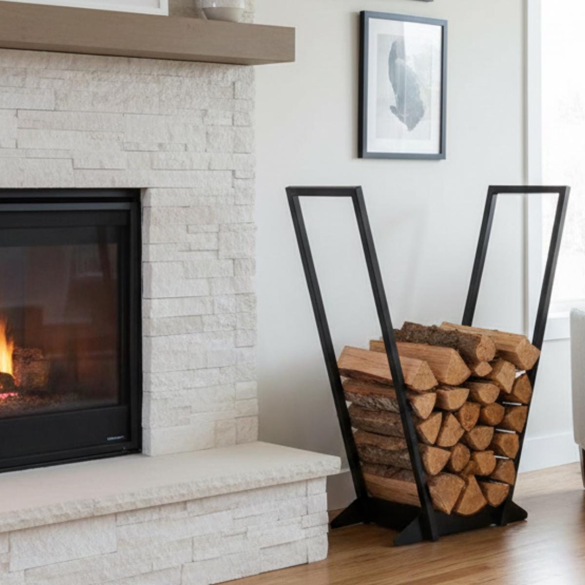 Minimalist firewood rack black metal log storage for modern home