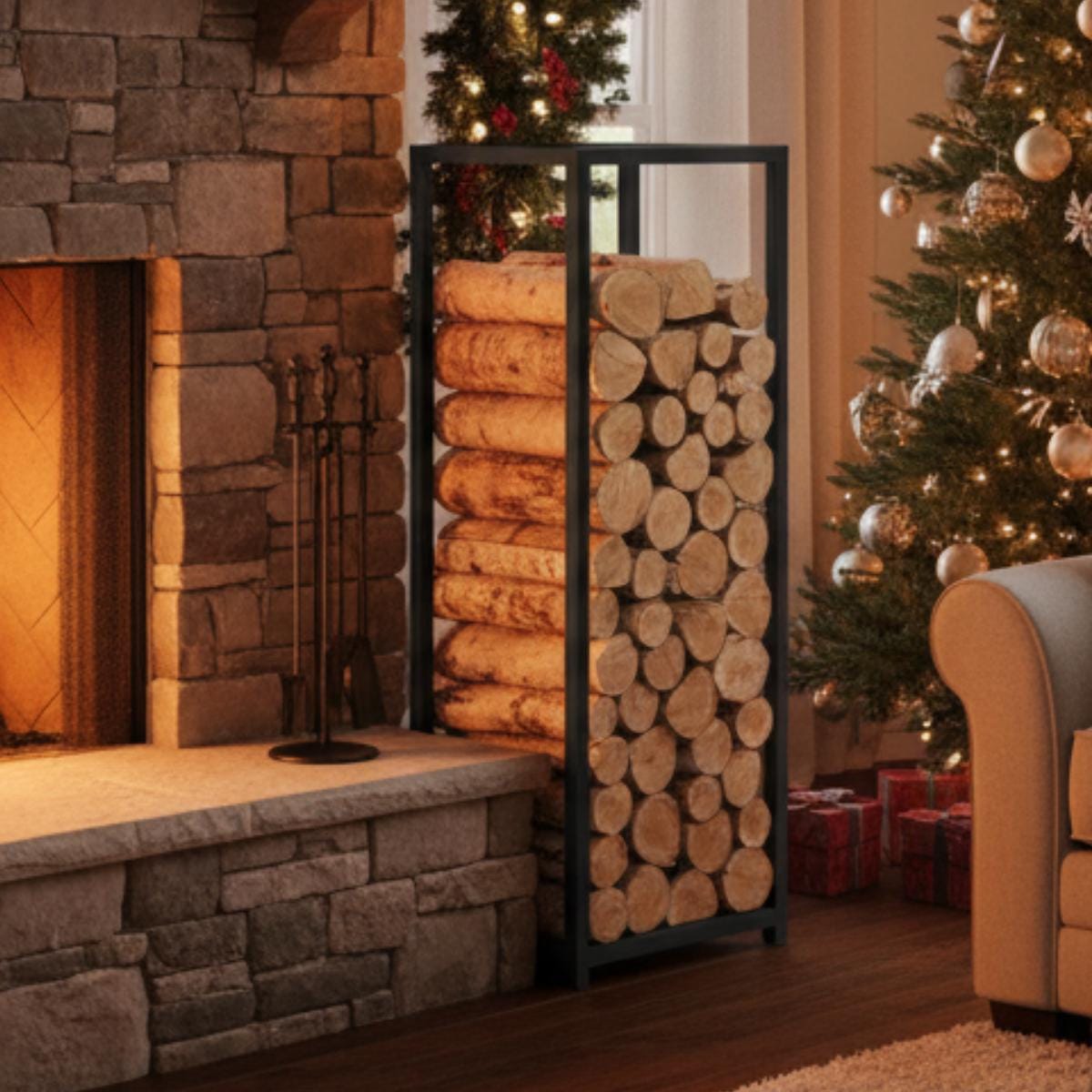 Tall vertical firewood rack black metal indoor log holder, modern space saving firewood storage for living room, freestanding steel log rack for fireplace wood organization