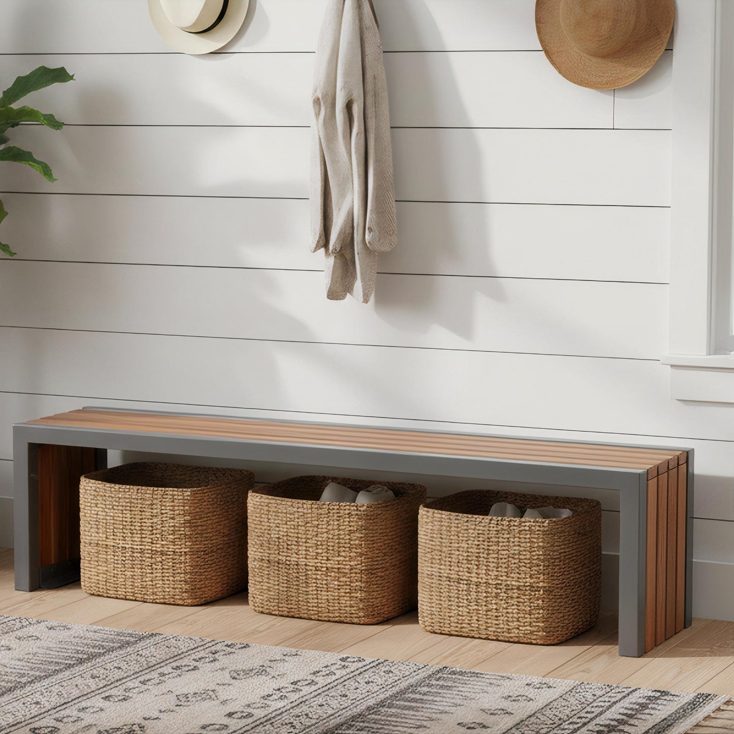 Minimalist outdoor bench with wood slat seating and durable metal frame