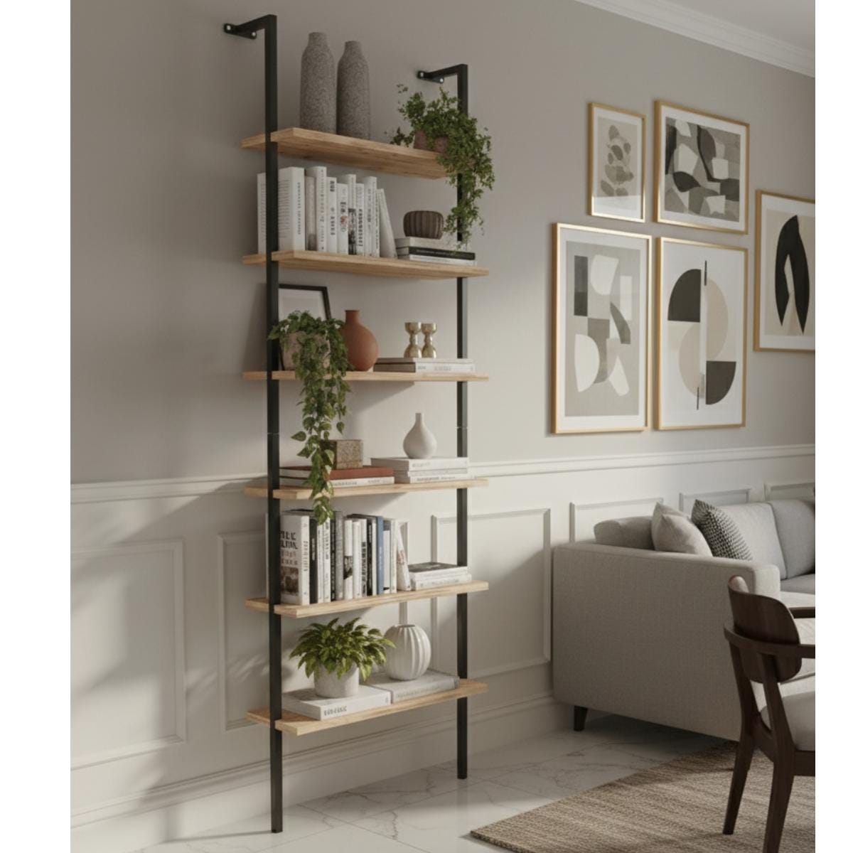 Minimalist wall mounted bookshelf wood metal shelving unit