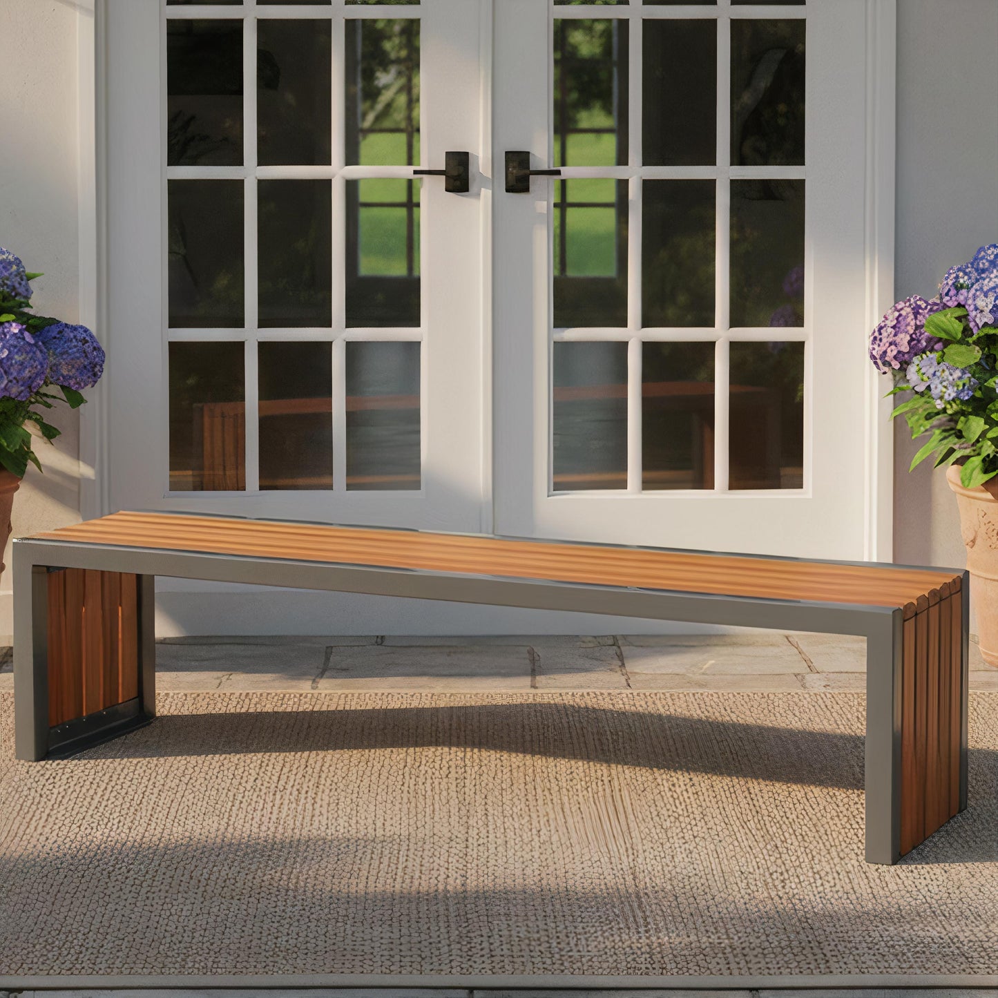 Modern bench with wood and metal frame designed for outdoor furniture use