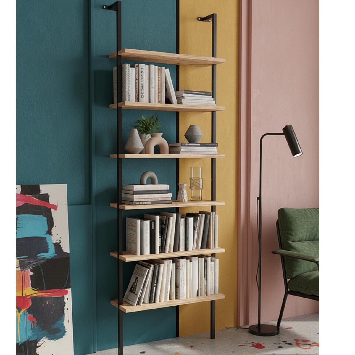 Modern bookshelf wall mounted wood metal shelving unit
