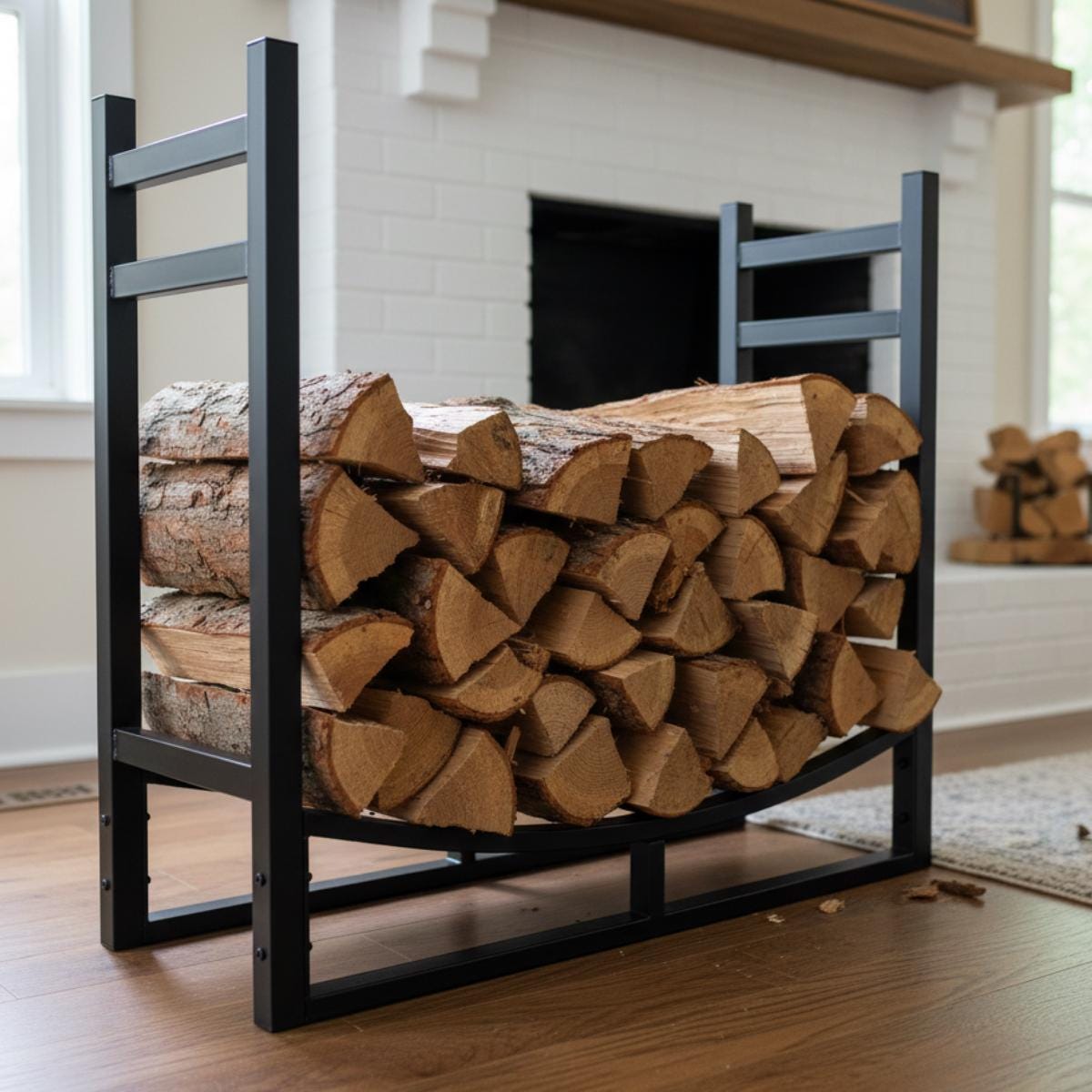 Minimalist modern fireplace log holder in black metal, stylish indoor firewood rack