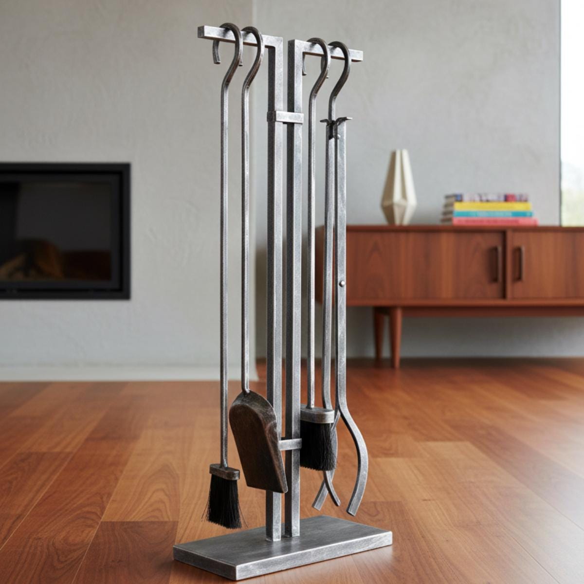 Modern fireplace tool set in brushed steel placed in contemporary living room