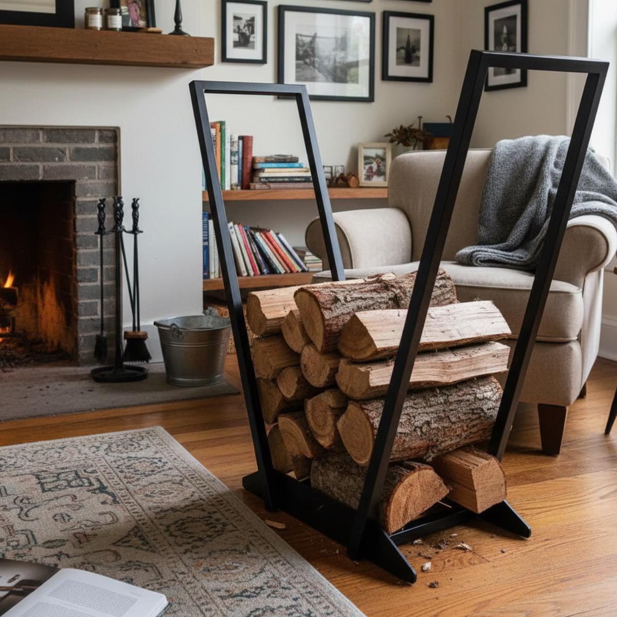 Modern firewood holder black metal fireplace log storage rack