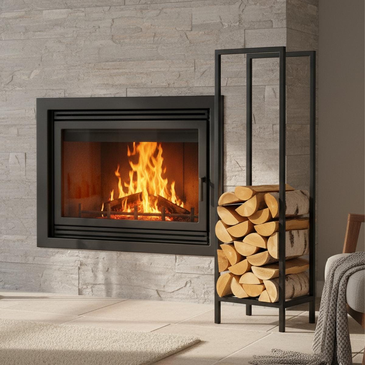 Fireplace side firewood rack vertical black metal log holder, modern indoor firewood storage for living room, freestanding steel log rack for fireplace wood organization