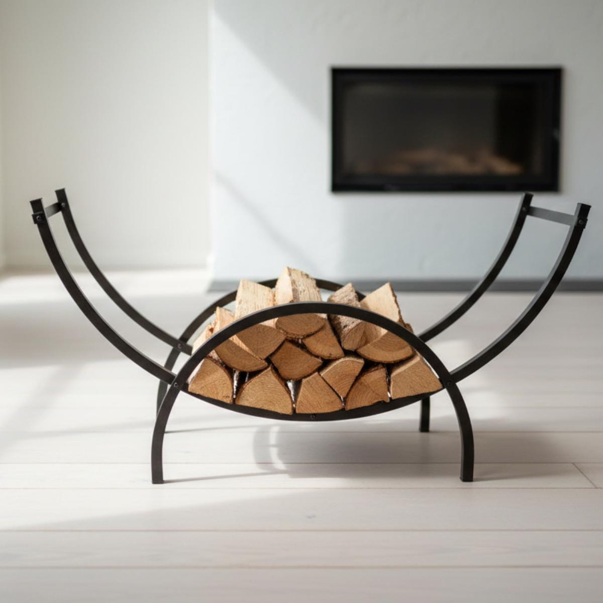 Modern firewood rack curved metal log holder in home interior