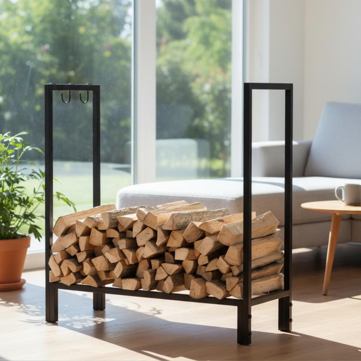 Modern firewood rack indoor black metal log holder with neatly stacked wood in living room setting