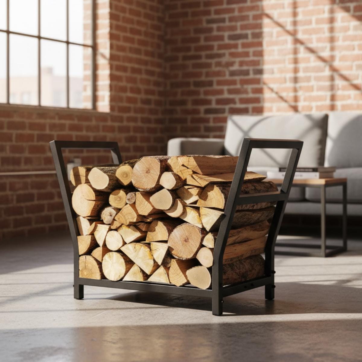 Modern firewood rack placed in living room for organized log storage