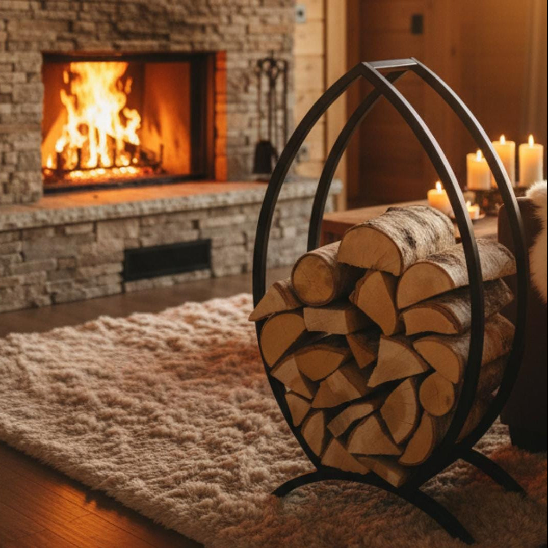Modern firewood rack outdoor metal log holder in patio fire pit setting