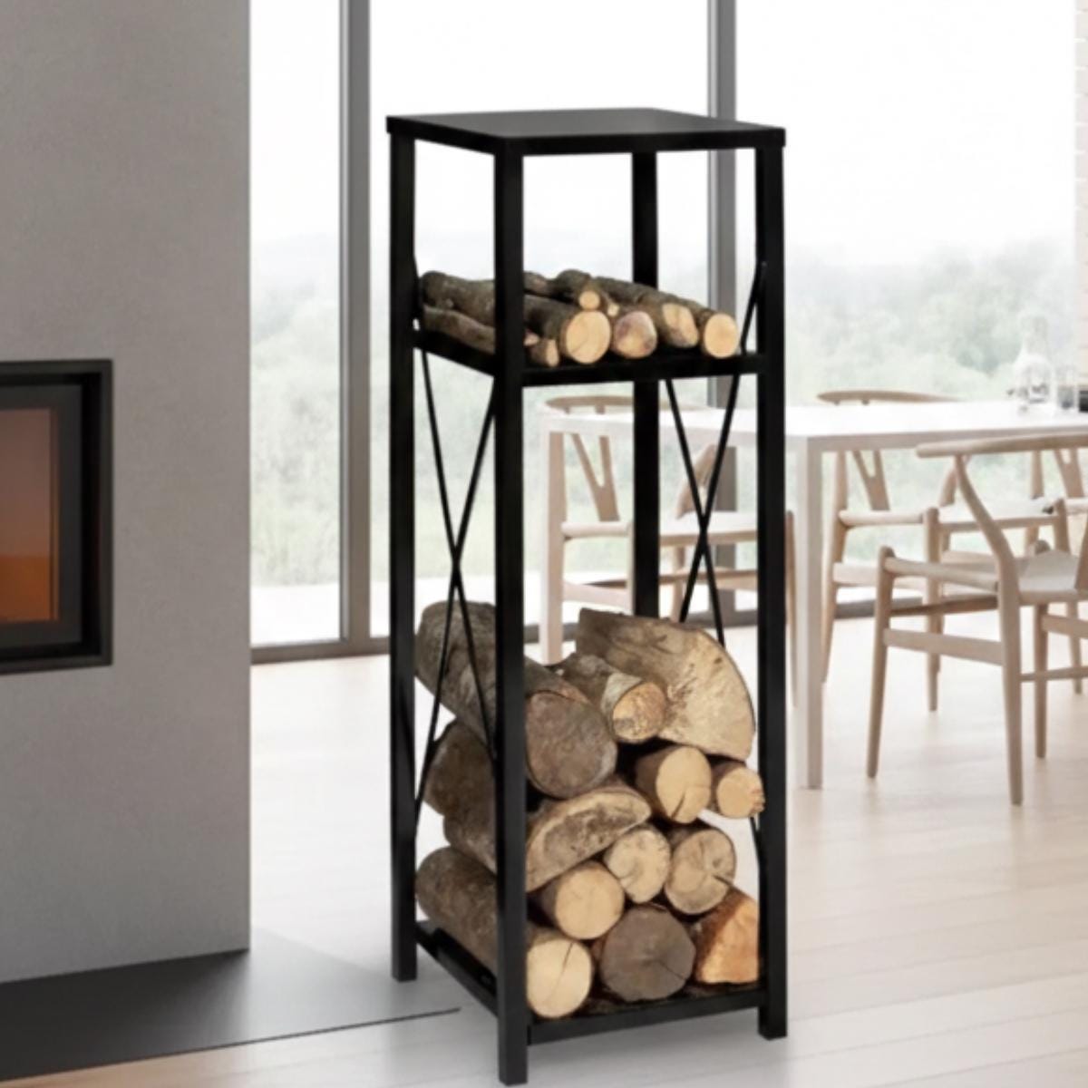 Modern firewood rack tall black metal log holder near fireplace
