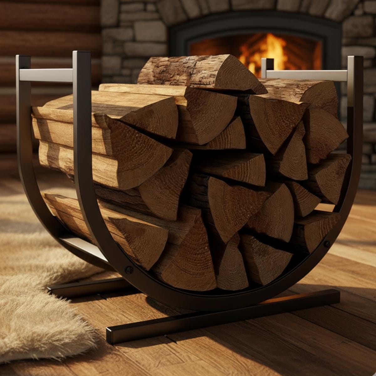 Modern firewood rack with vertical metal frame used as log holder in home interior