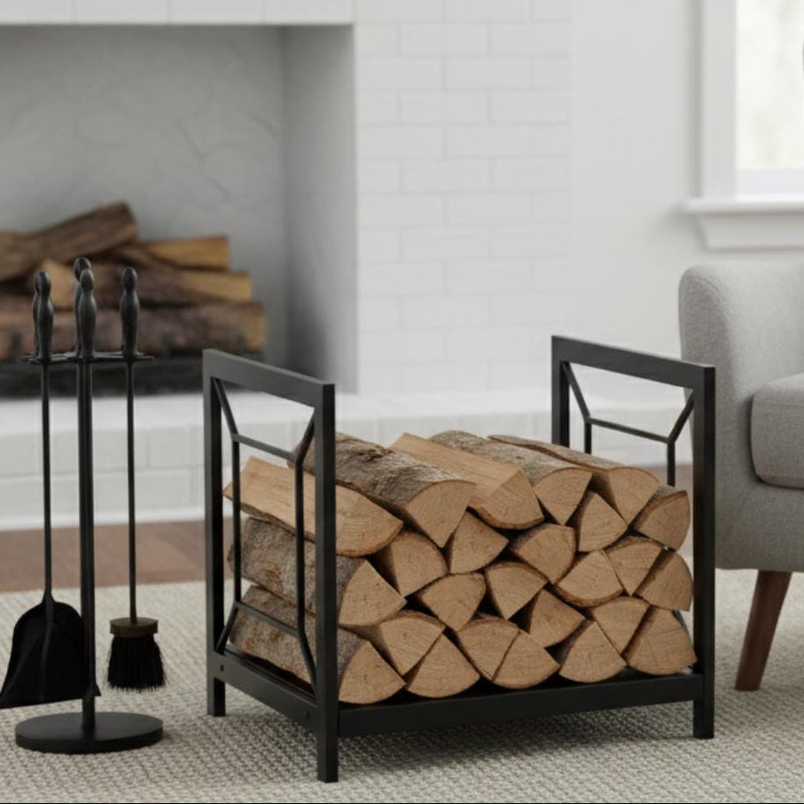 Outdoor firewood rack 60 cm black metal log holder for patio and backyard, modern firewood storage rack for firepit, freestanding steel log holder for indoor and outdoor use
