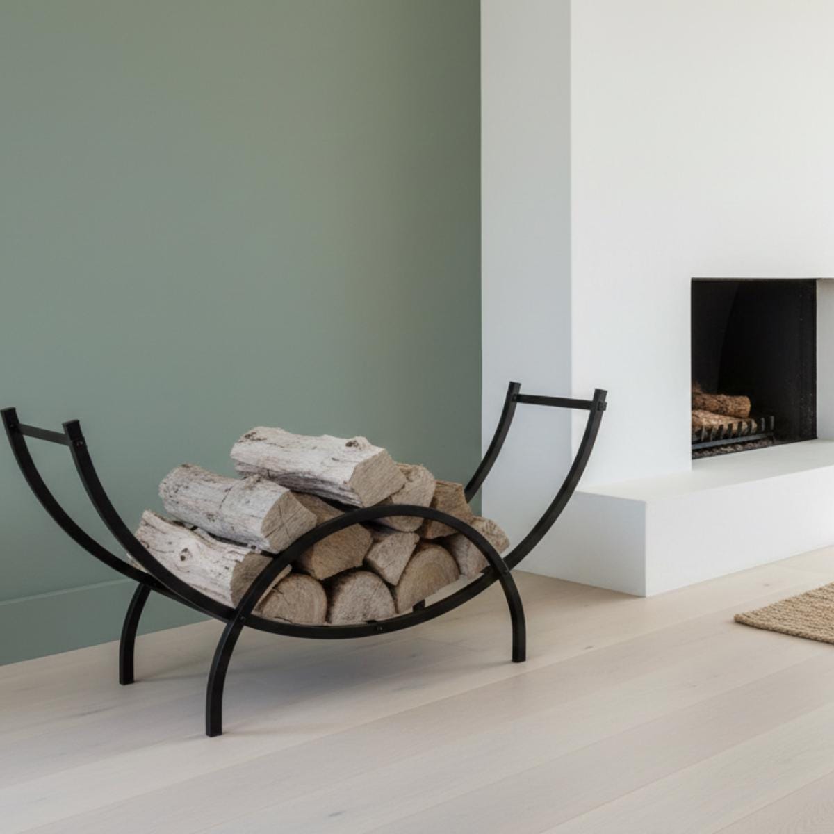 Modern firewood storage rack curved metal log holder for indoor use