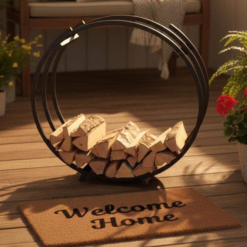 Modern firewood storage rack round metal log holder for indoor use