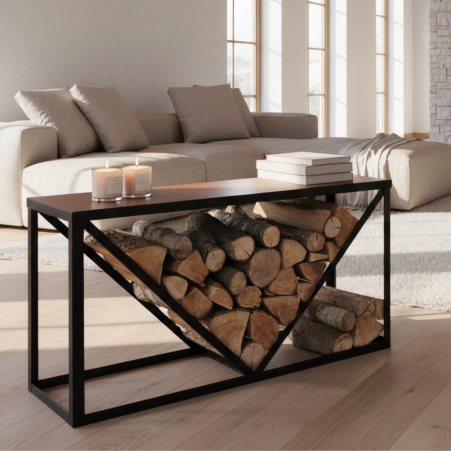 Modern firewood storage table with metal frame and wood top placed in living room near fireplace