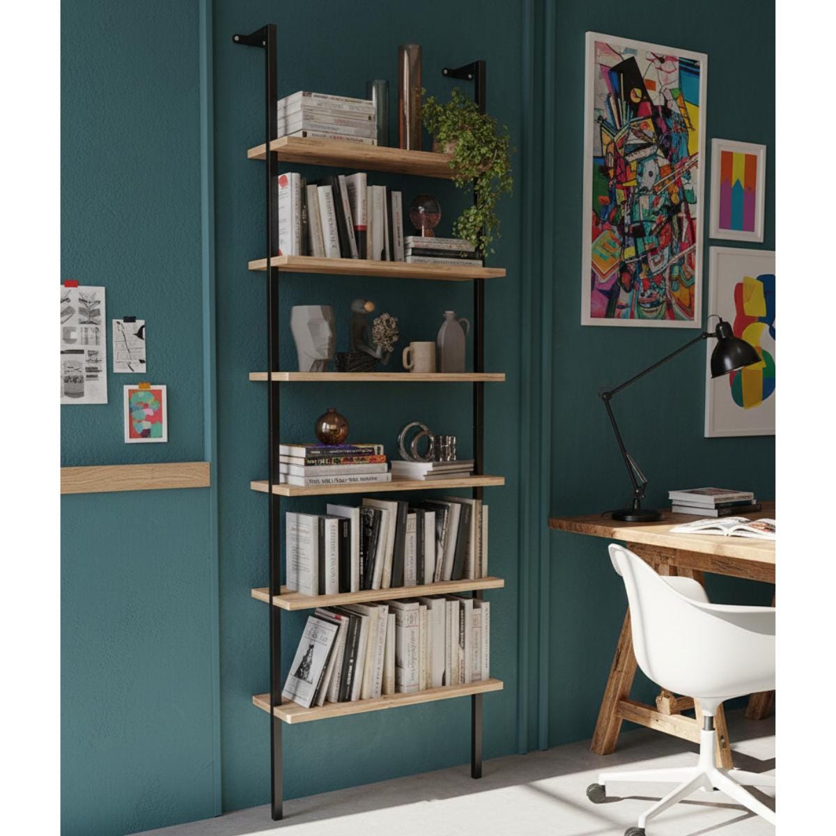 Modern ladder shelf wall mounted wood metal storage solution