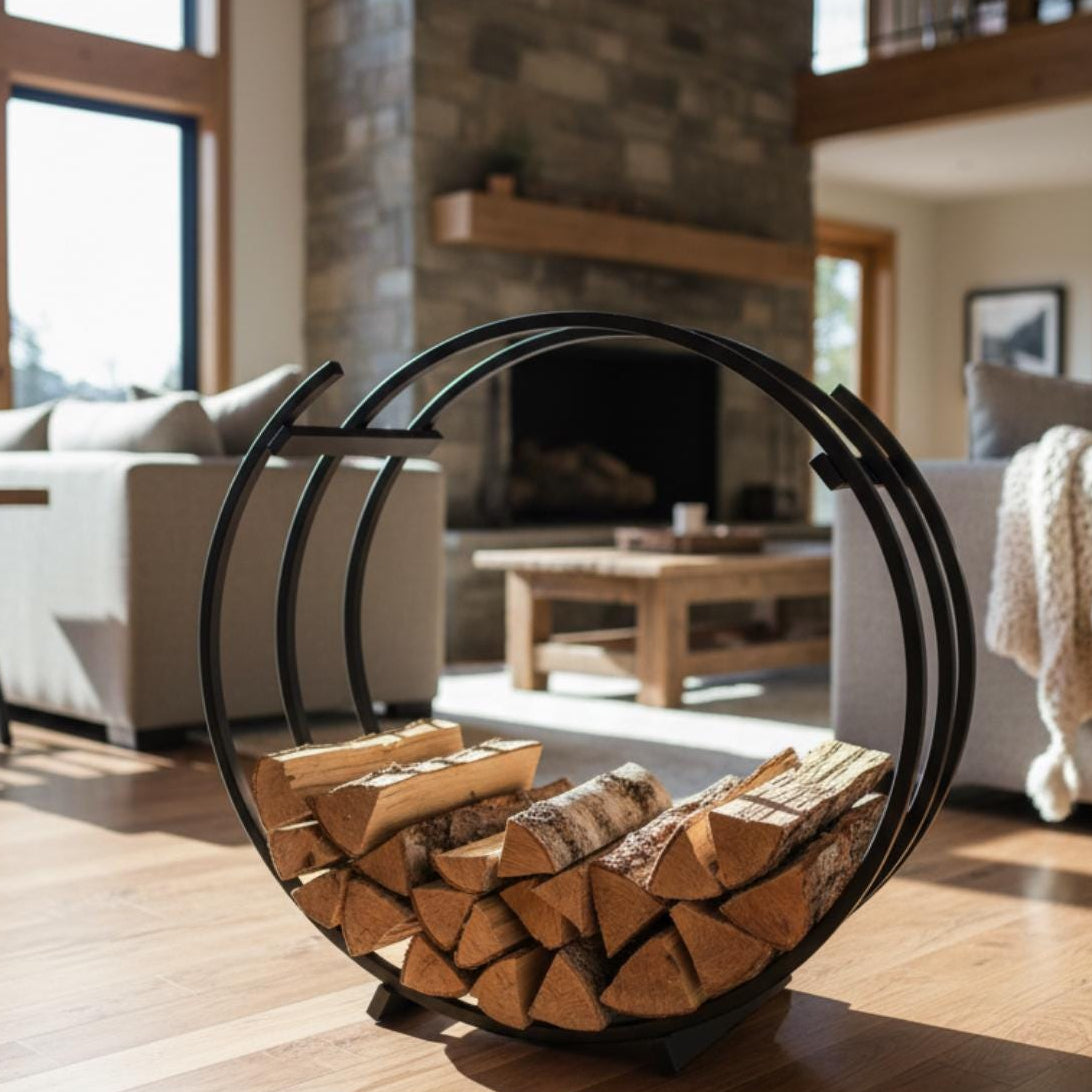 Modern round firewood rack metal log storage unit with neatly stacked logs
