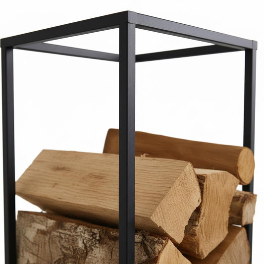 Tall vertical firewood rack black metal indoor log holder, modern space saving firewood storage for living room, freestanding steel log rack for fireplace wood organization