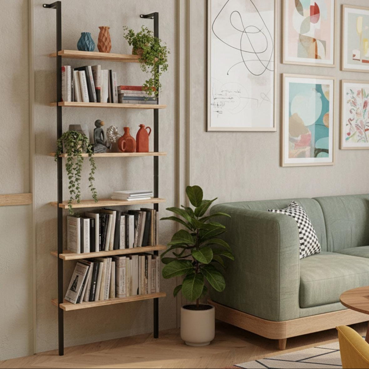 Modern wall shelf wood metal bookshelf unit for living room storage