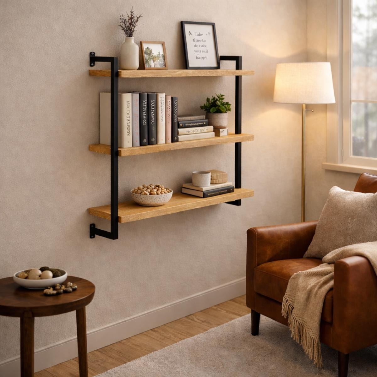 Modern wall shelf wood metal three tier display storage