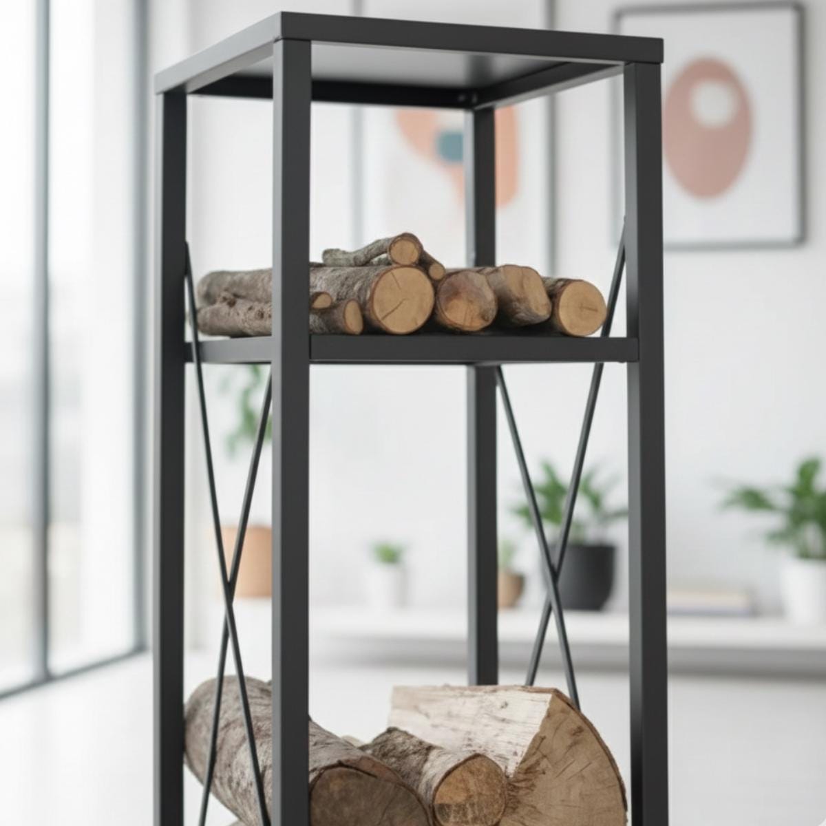 Multi tier firewood rack black metal indoor log storage solution